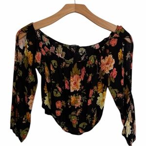Ambiance Black Off-Shoulder Floral Blouse with Pink & Yellow Blooms